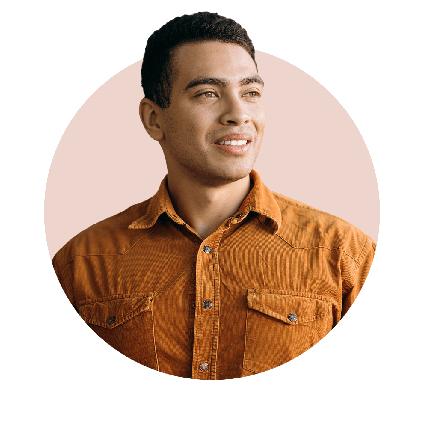 Young man smiling, looking away from camera