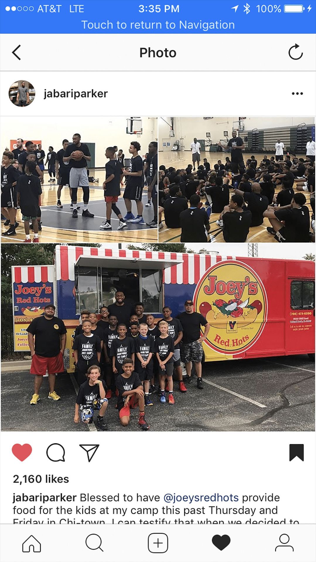 Two photos: Basketball players on a court and kids in front of a food truck with logo