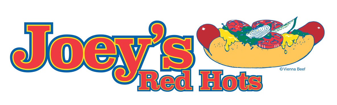 Logo for Joey's Red Hots, red text with blue outline. Cartoon hotdog with toppings on the right.