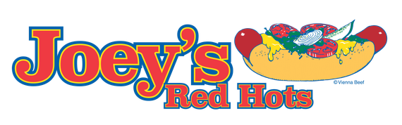 Logo for Joey's Red Hots, red text with blue outline. Cartoon hotdog with toppings on the right.