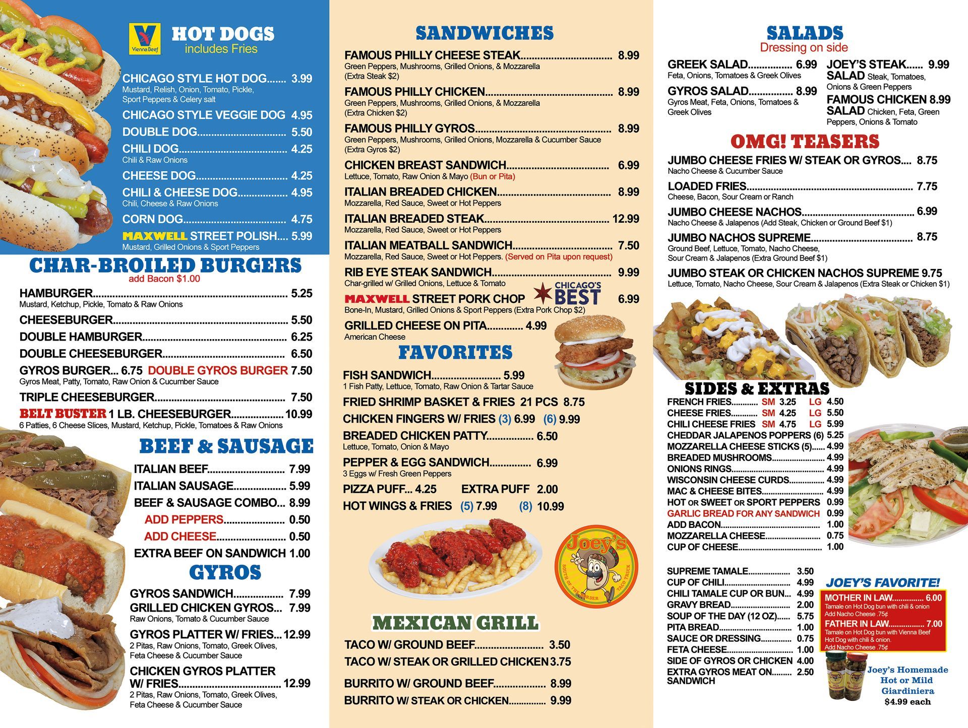 Restaurant menu with sections for hot dogs, sandwiches, salads, and more.
