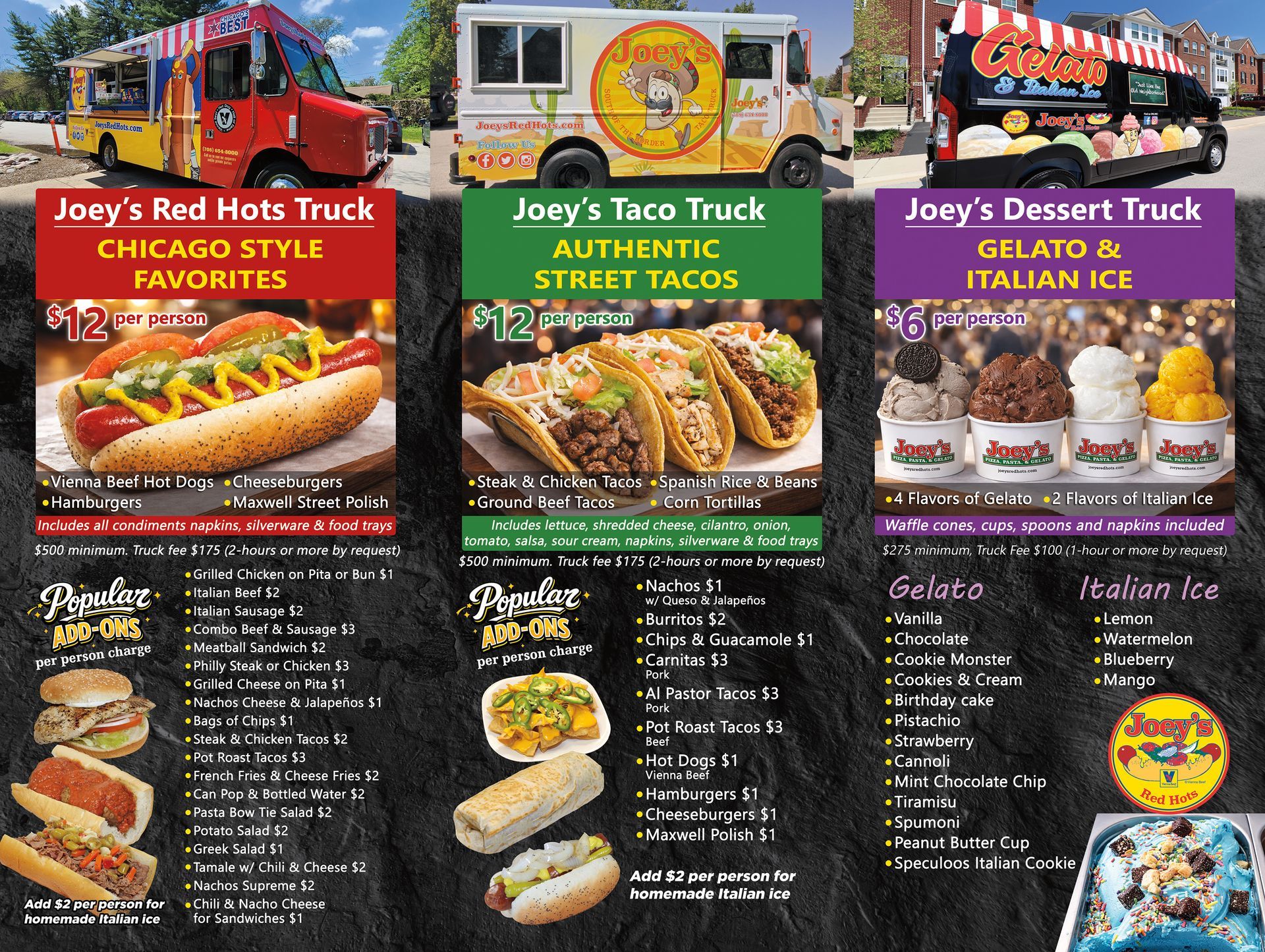 Advertisement for Joey's Red Hots food truck offering Chicago-style food. Includes photos, pricing, and contact info.