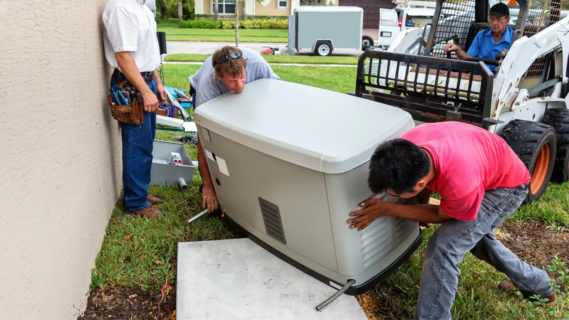 A group of men are working on a generator outside of a house.