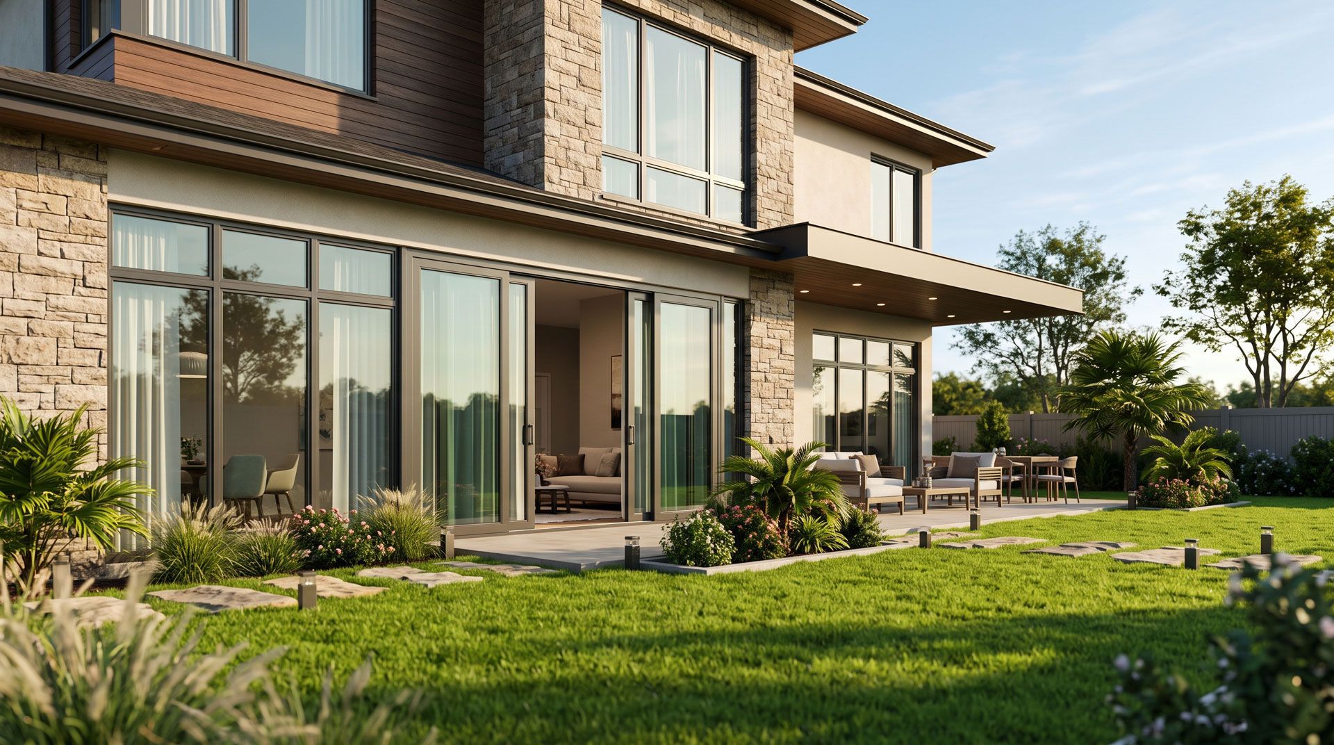 Modern two-story house with large glass doors, patio seating, and a green backyard lawn