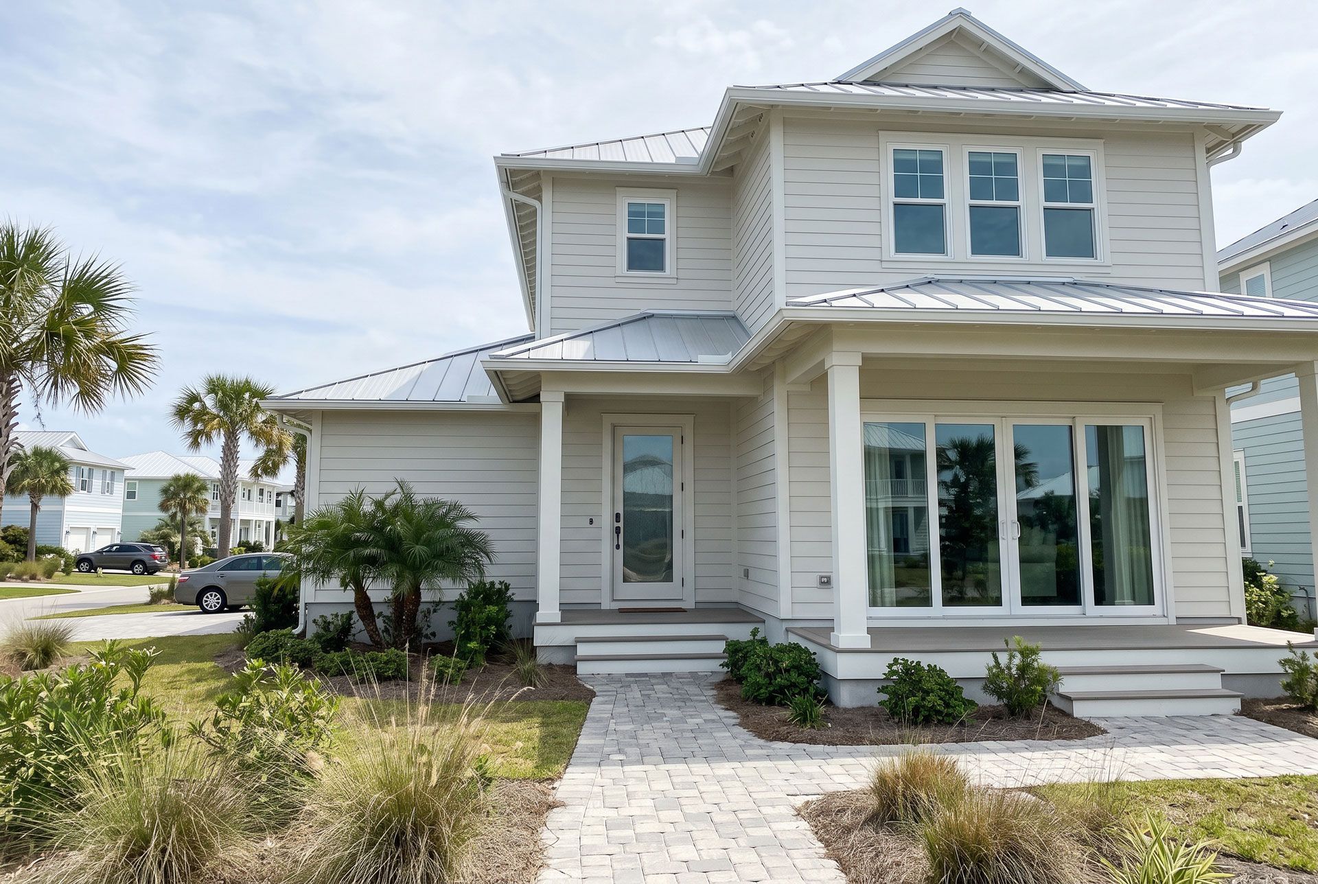 Two-story white house with front porch, large windows, and a stone walkway under a bright sky