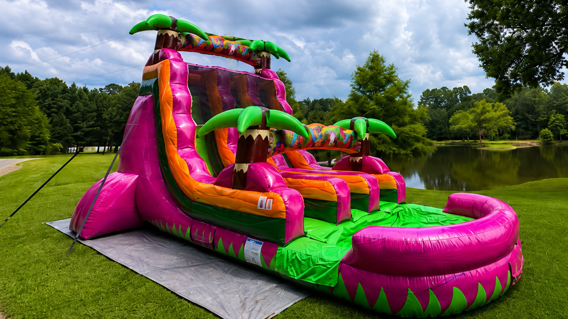 Bright pink and green inflatable water slide with palm tree decorations on a grassy field by a pond.