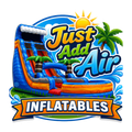 Logo for Just Add Air Inflatables with a colorful inflatable slide and sunburst design