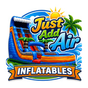 Logo for Just Add Air Inflatables with a colorful inflatable slide and sunburst design