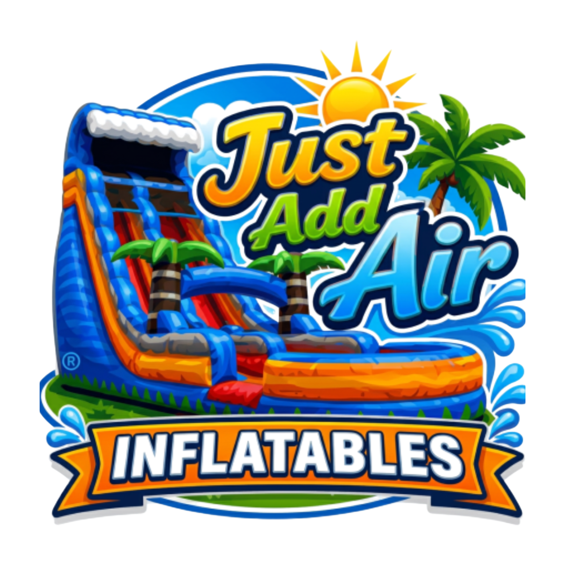 Logo for Just Add Air Inflatables with a colorful inflatable slide and sunburst design