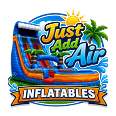 Logo for Just Add Air Inflatables with a colorful inflatable slide and sunburst design