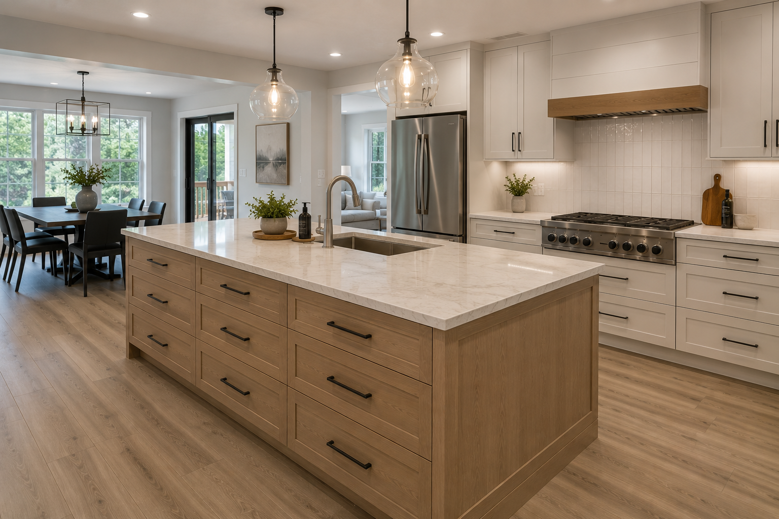 Bright kitchen with white cabinets, a large island, bar stools, and pendant lights