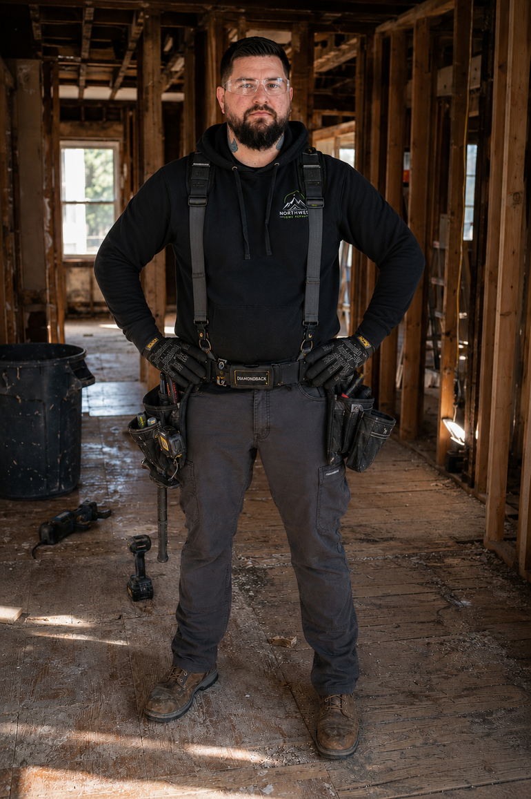 Worker using a circular saw to cut a wooden board at a construction site