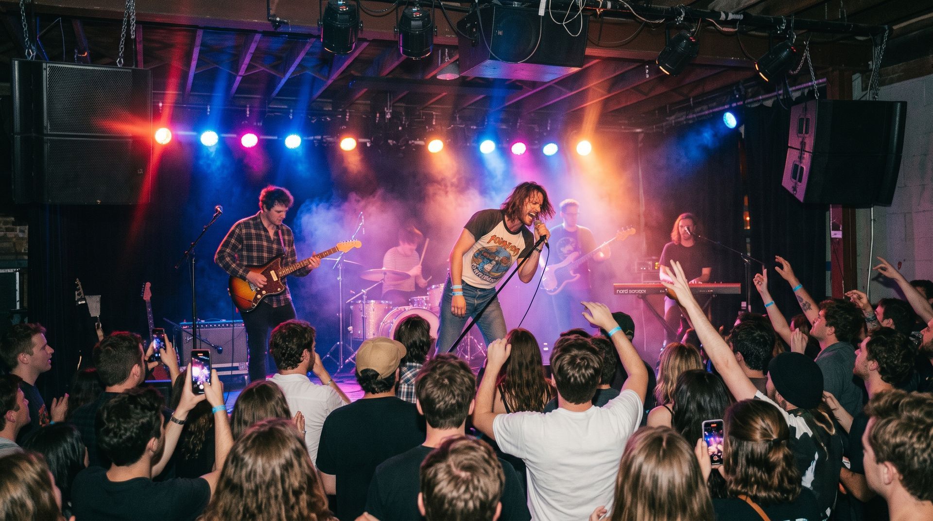 Live concert with a band on stage under colorful lights, crowd raising hands in front of them