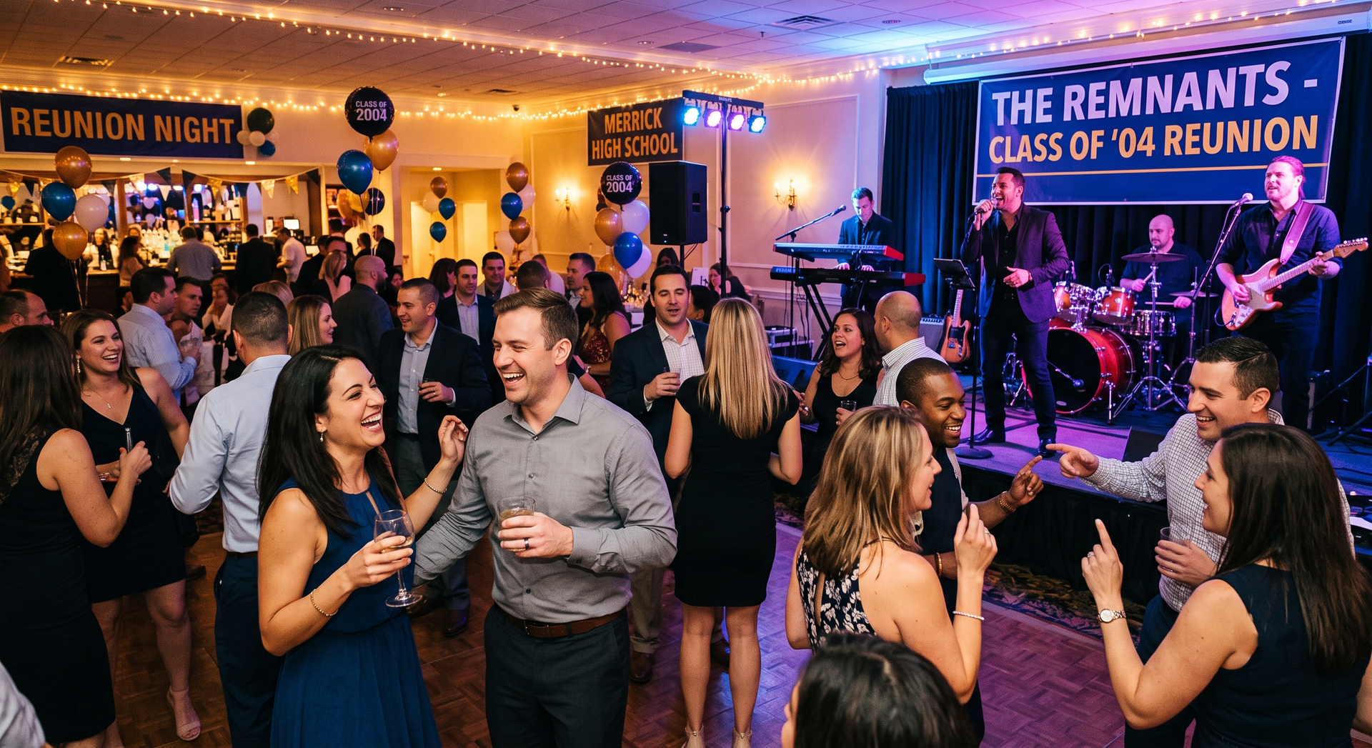 Crowded reunion party with guests mingling and dancing beside a live band on a lit stage