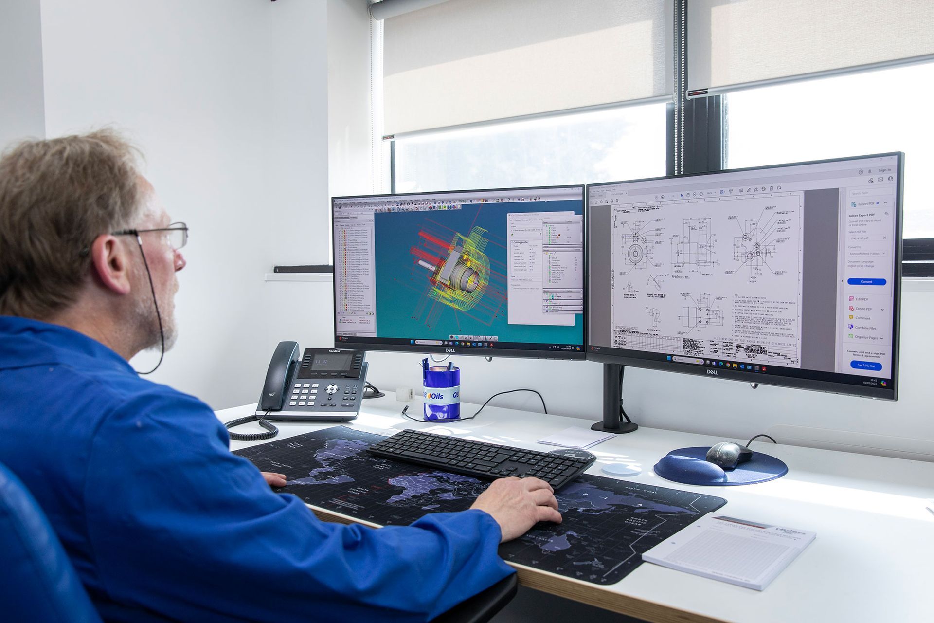 Person working at a desk with dual monitors in a bright office, viewing technical software on screen
