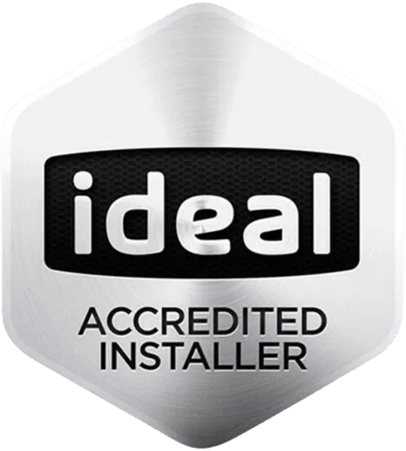 A silver badge that says ideal accredited installer