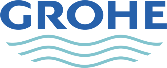 A blue and white logo for grohe with waves in the background.