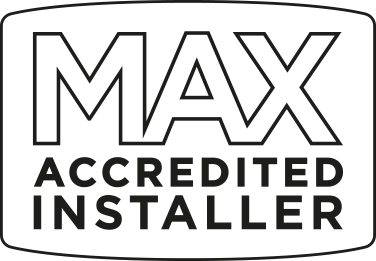 A black and white logo for a max accredited installer.
