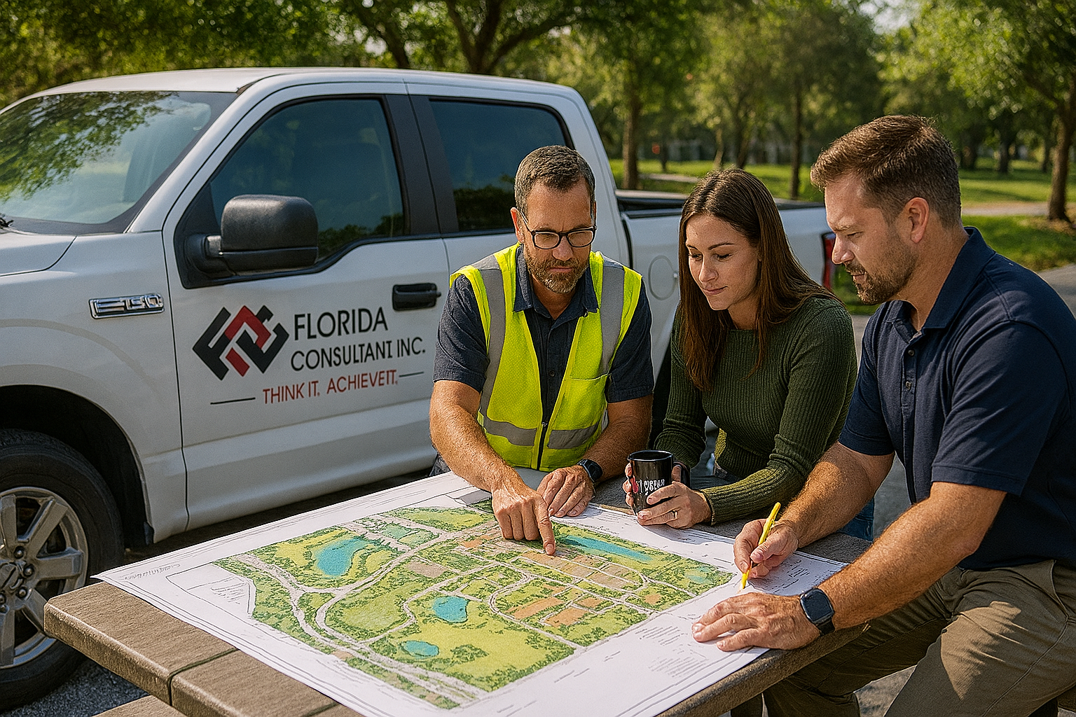A group of civil engineers are looking at a map in front of a truck.