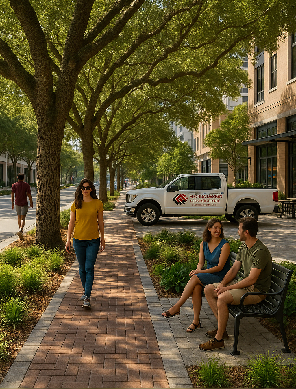 People walk and sit on a brick sidewalk lined with trees and storefronts; a truck is parked on the street.