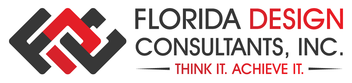 Logo for Florida Design Consultants, Inc. Features overlapping black and red shapes next to text.