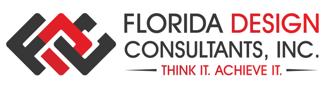 Florida Design Consultants, Inc. logo with linked shapes in black and red; text in black and red says 