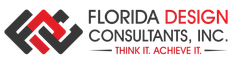 Florida Design Consultants, Inc. logo with linked shapes in black and red; text in black and red says 