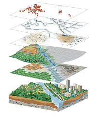 A stack of maps showing different layers of a city for a GIS map.