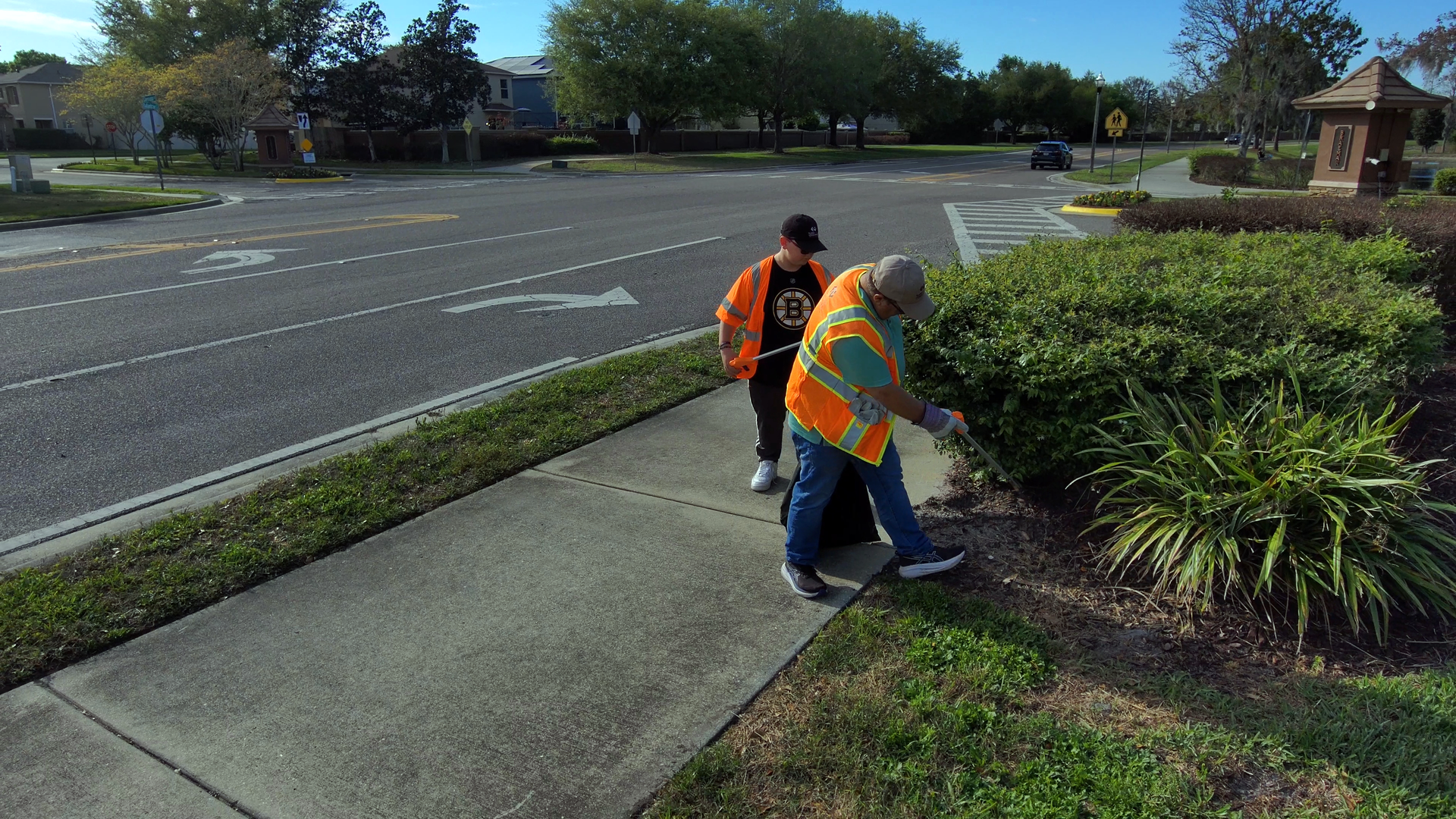 Two workers in orange vests trimming bushes beside a sidewalk near a road