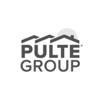 Pulte Group logo: Grey text over home roof silhouettes, with sun in the background.