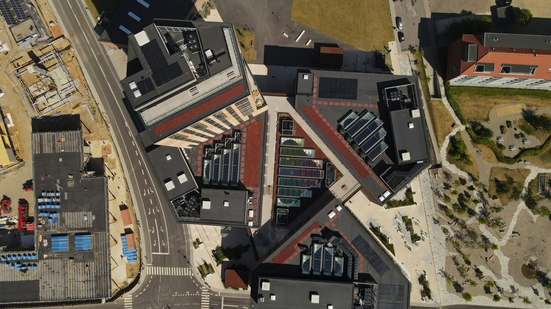 An aerial view of a city with a lot of buildings
