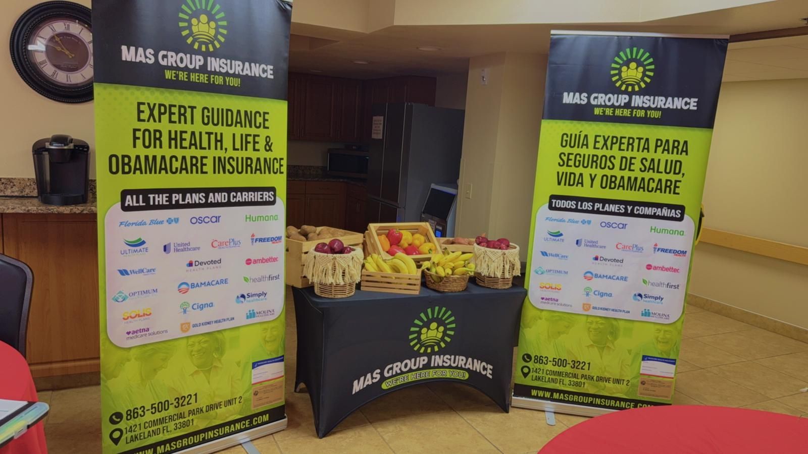 A table with a sign on it that says `` expert guidance for health , life and disability insurance ''.