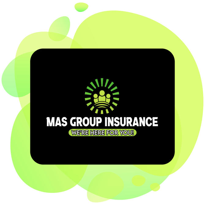 Logo of MAS Group Insurance with lime green gradient organic shapes behind.