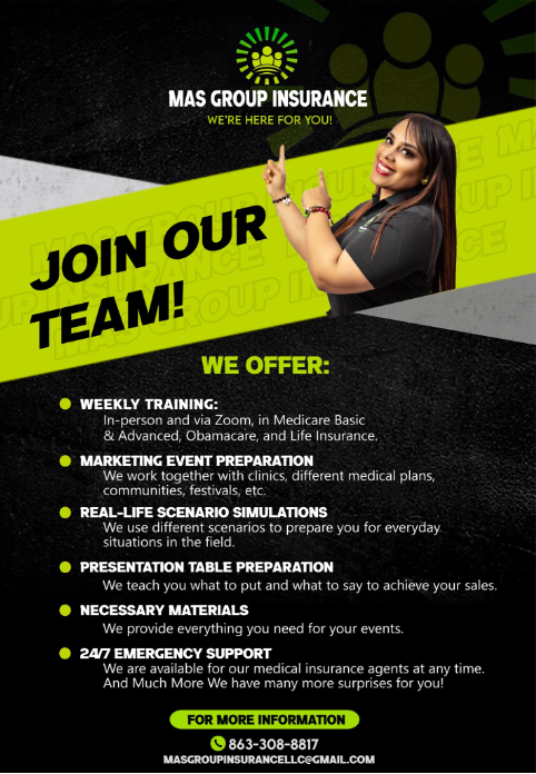A flyer for mas group insurance says join our team