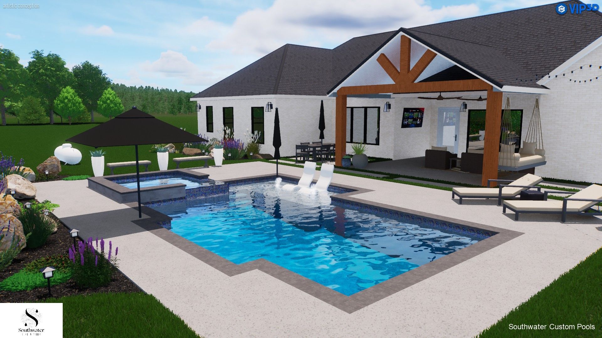 A computer generated image of a house with a large swimming pool