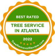 Best Rated Tree Service in Atlanta 2022 badge with orange and green seal, TreeRemovalReview.com