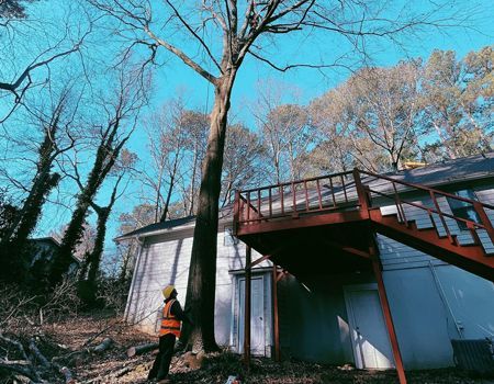 Worker in orange jacket near a tree beside a white building with red stairs in a wooded area