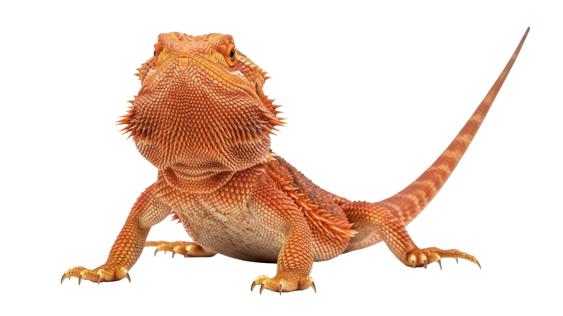 Orange bearded dragon lizard on a white background, standing with tail raised