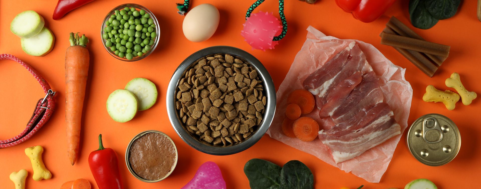 Organic pet food is displayed on an orange background.