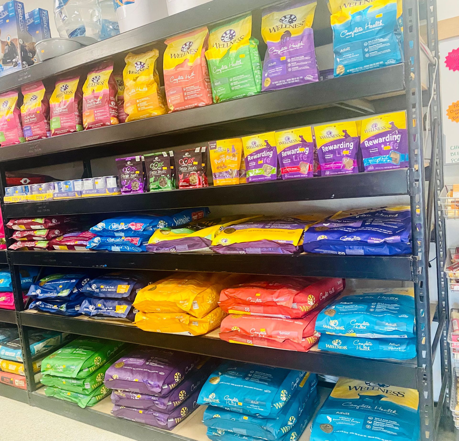 Shelves stocked with colorful bags of cat food in a pet store aisle