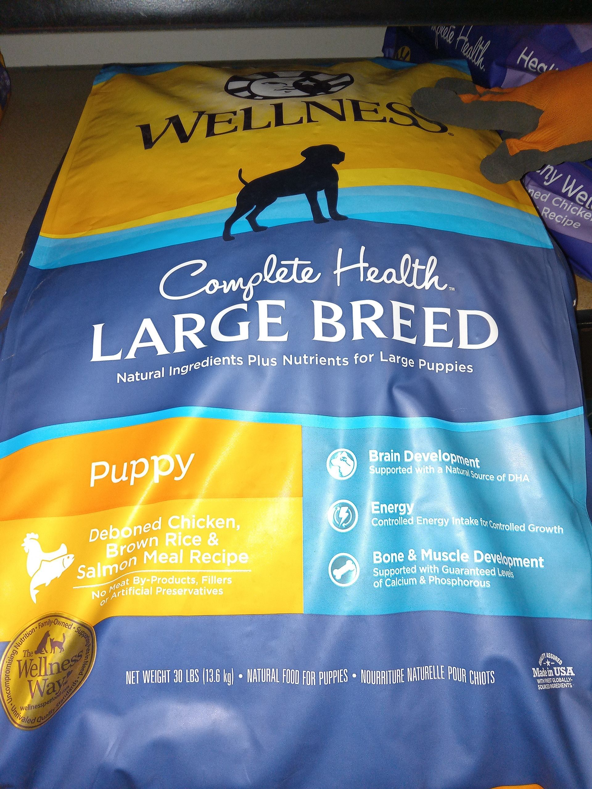 Wellness Complete Health Large Breed puppy dog food bag in yellow and blue packaging