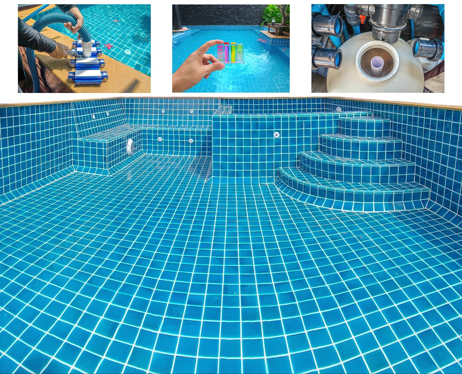 A collage of photos of a swimming pool with blue tiles