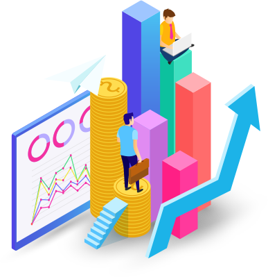 An isometric illustration of a man standing on a stack of coins.