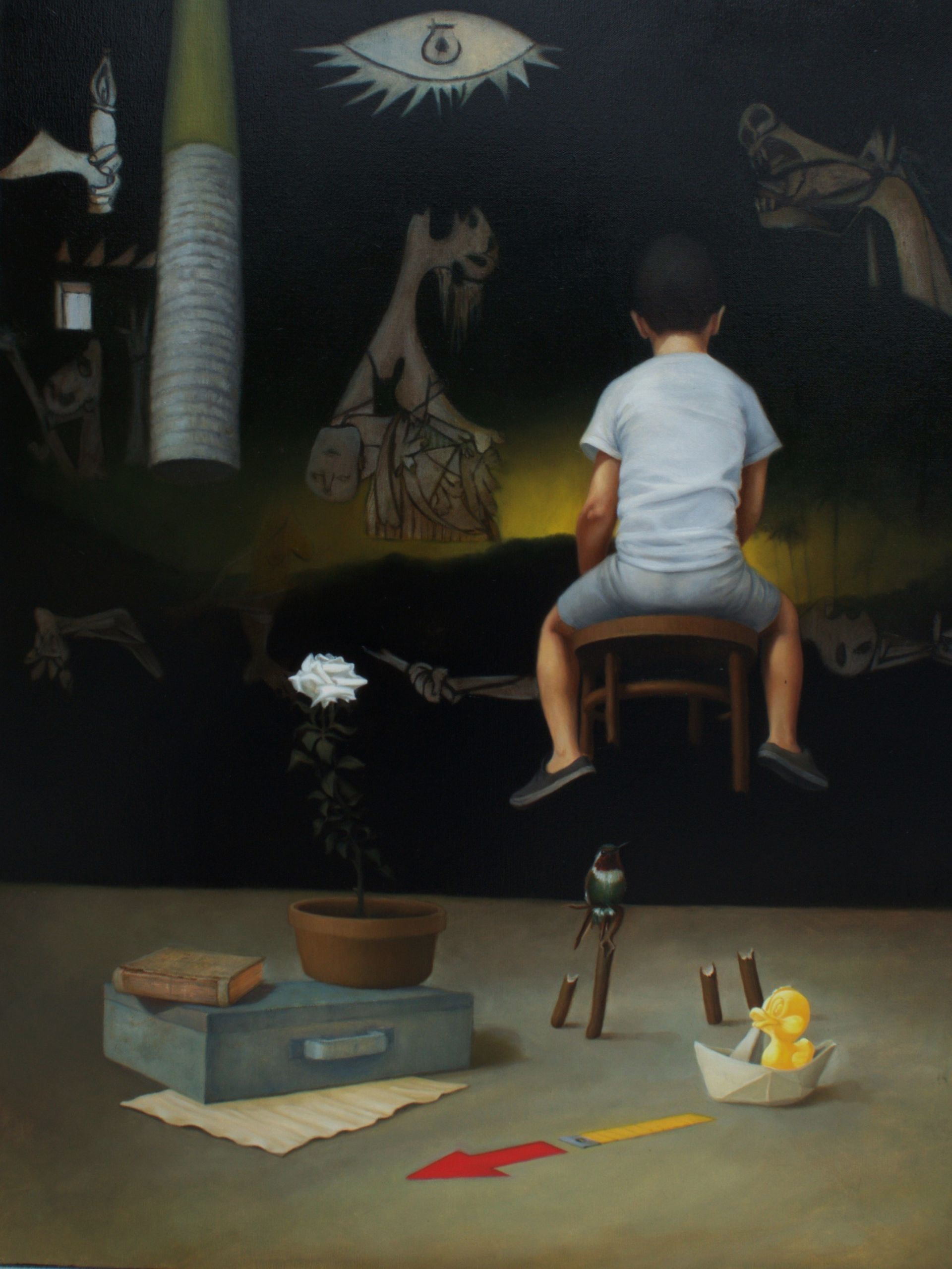 Fusionando partes de la canción de Willy Chirino “Ya viene Llegando”, y la pintura Guernica de Pablo Picasso y muchos otros símbolos esta pintura es una representación vivida del inmigrante. Un niño solo mirando hacia el horizonte, donde se puede ver un amanecer. Elevándose sentado en una silla que tiene las patas partidas, representando la división entre el pasado y  el futuro en medio de un paisaje lleno de símbolos. El juguete y el barquito de papel representando su infancia, su inocencia y su viaje. Una cinta métrica y una flecha representando la distancia que lo separa del pasado y su dirección hacia el futuro con la esperanza de que sea mejor.
Una obra de arte que evoca tristeza, esperanza y determinación que nos invita a reflexionara. De donde haz venido tu?  Eres solo tu o eres una parte de la historia de tu familia?.