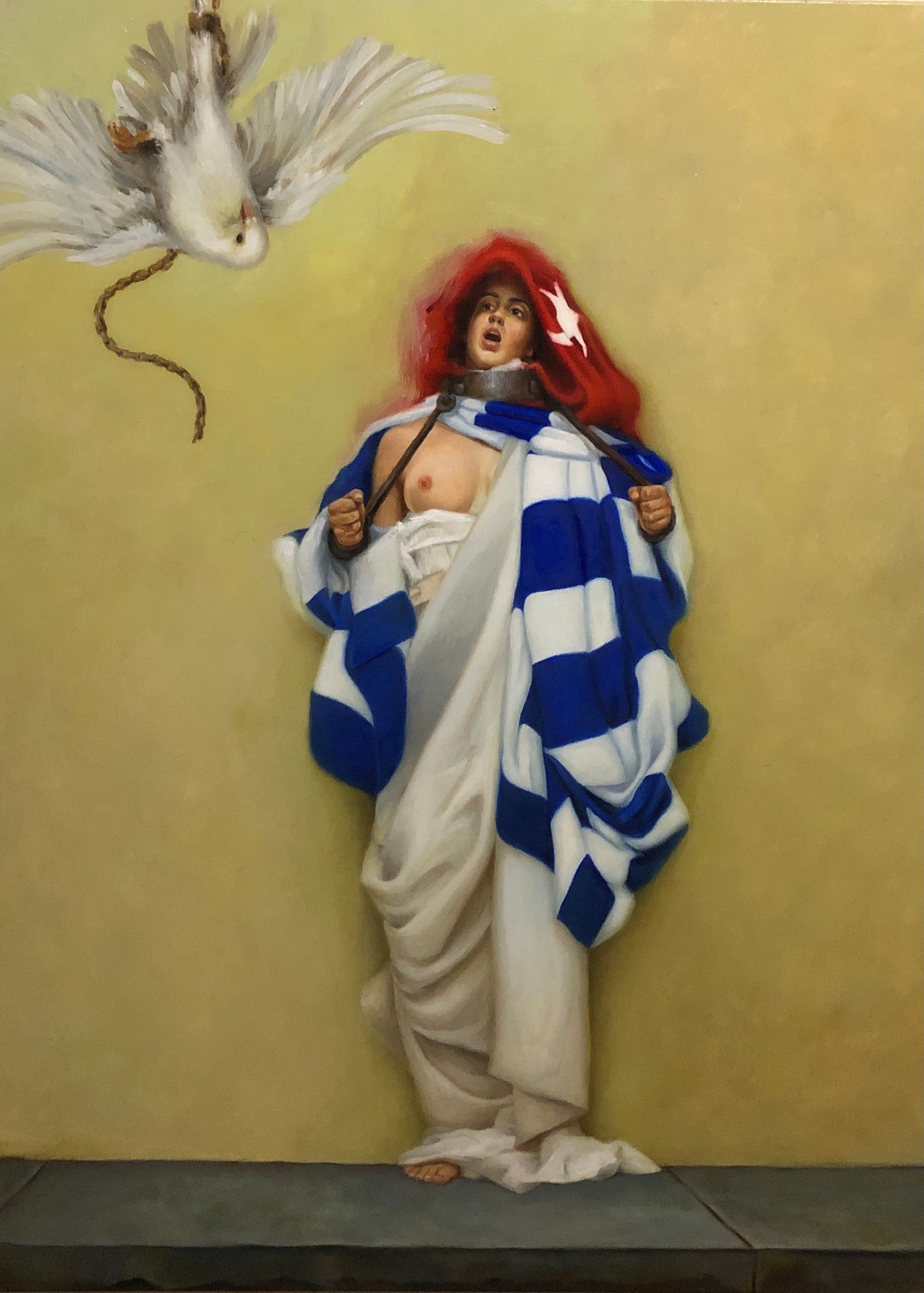 Una Pintura obscura y tenebrosa del artista Fabres de Costa expuesta en el Museo El Prado, Espana; inspiró al artista a recrear una obra que refleja una mujer joven y hermosa atada con cadenas a su cuello y manos, y su rostro está lleno de dolor y desesperación. 
La pintura es una metáfora del sufrimiento de una nación atrapada, sometida a la opresión y la tiranía. Una obra de arte poderosa y conmovedora que nos invita a reflexionar sobre el valor de la libertad.