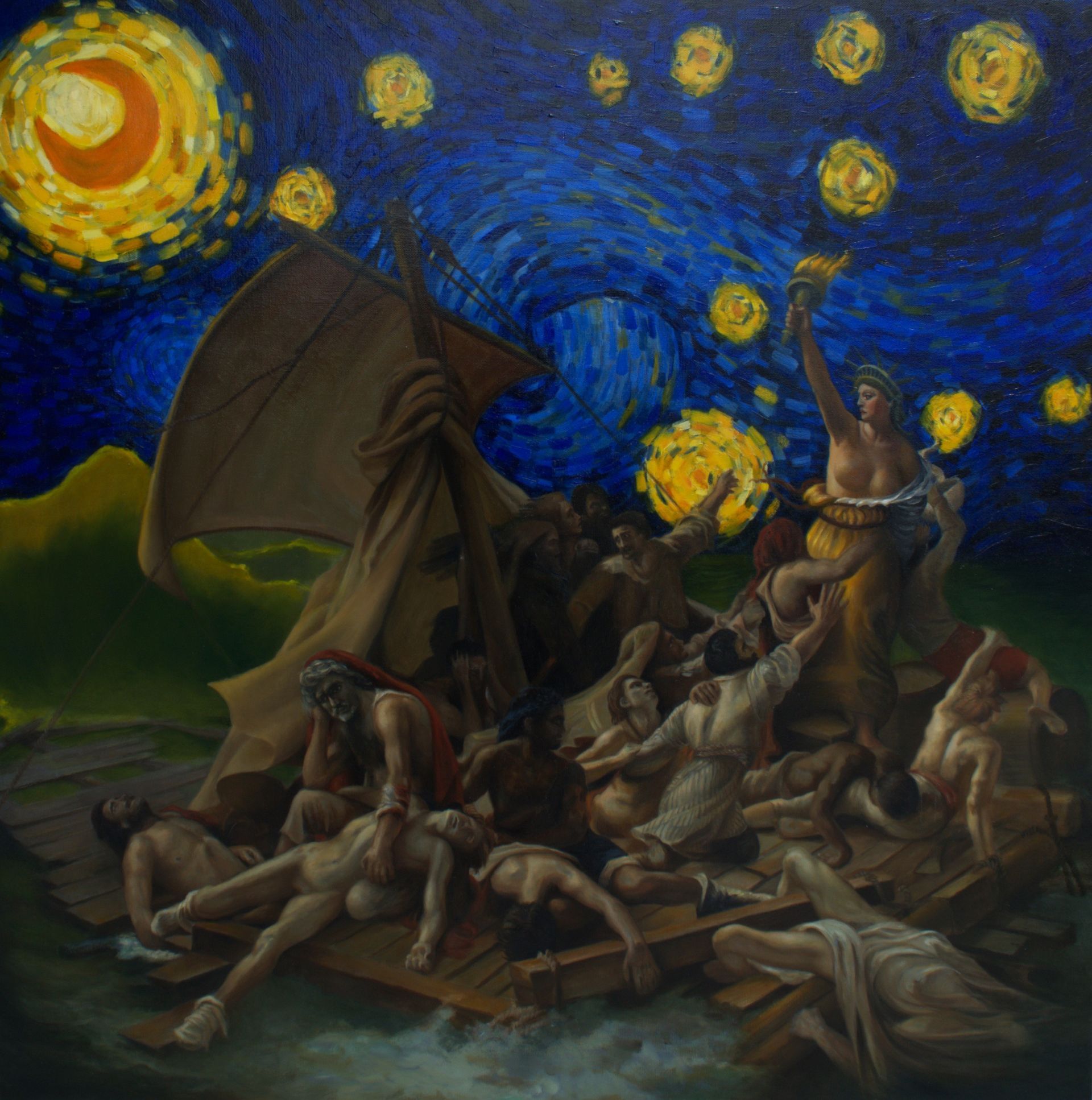 La pintura está profundamente influenciada por tres obras maestras: “Noche estrellada de Vincent van Gogh”, “La balsa de la Medusa” de Théodore Géricault y “La libertad guiando al pueblo” de Eugène Delacroix.
La concepción original del artista para esta obra se basa en el trágico suceso de 