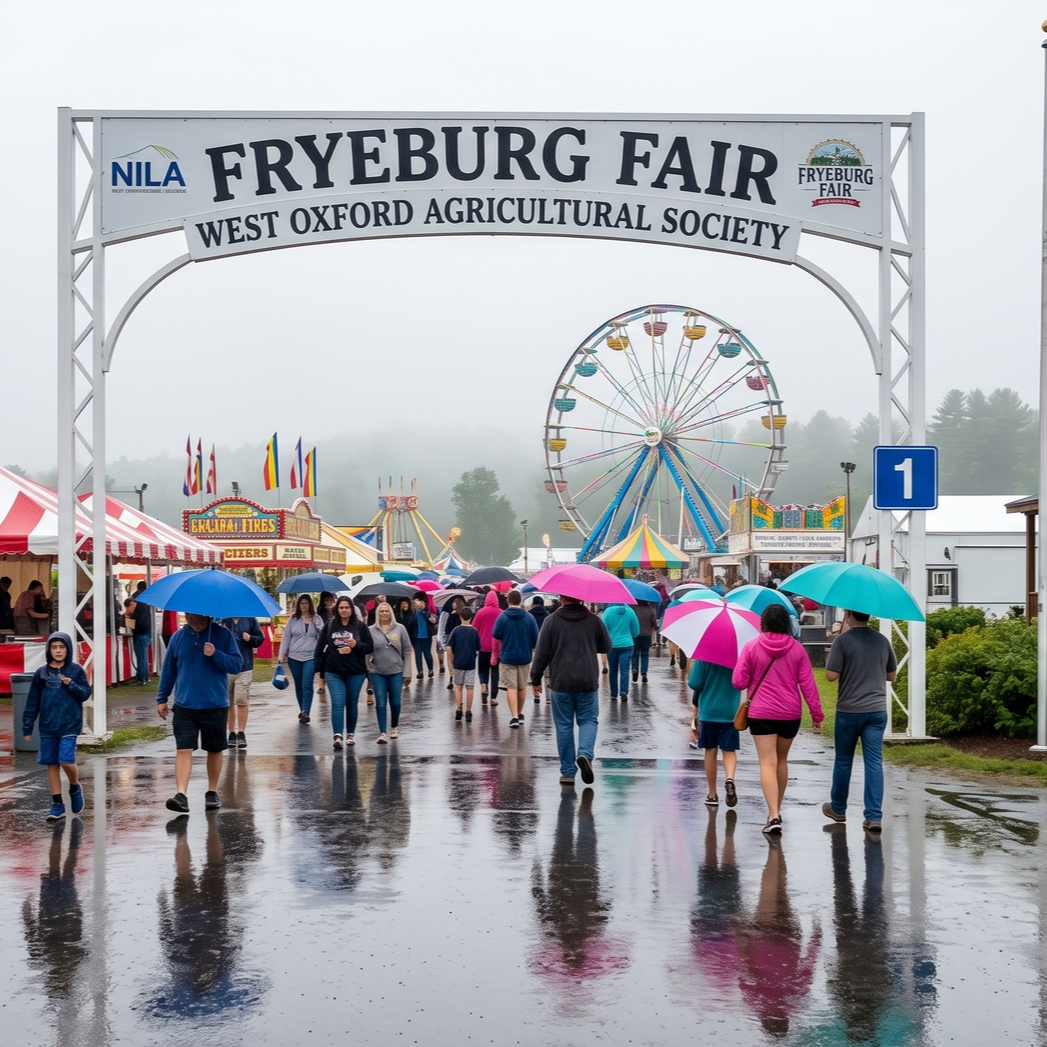 People are walking in the rain at the fryeburg fair