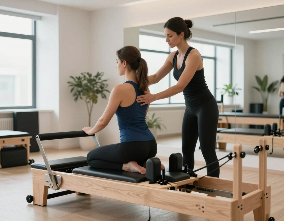 Instructora corrigiendo postura en Pilates Reformer