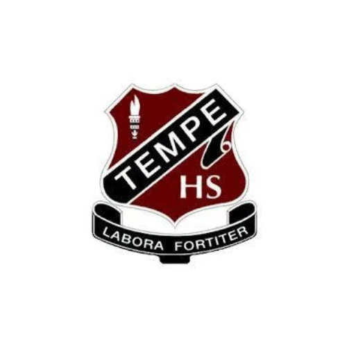 Tempe High School crest with a torch, maroon and white, and motto: