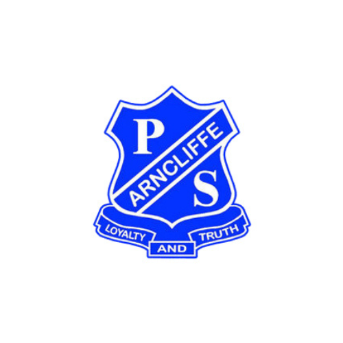 Blue and white Arncliffe Public School logo: Shield with